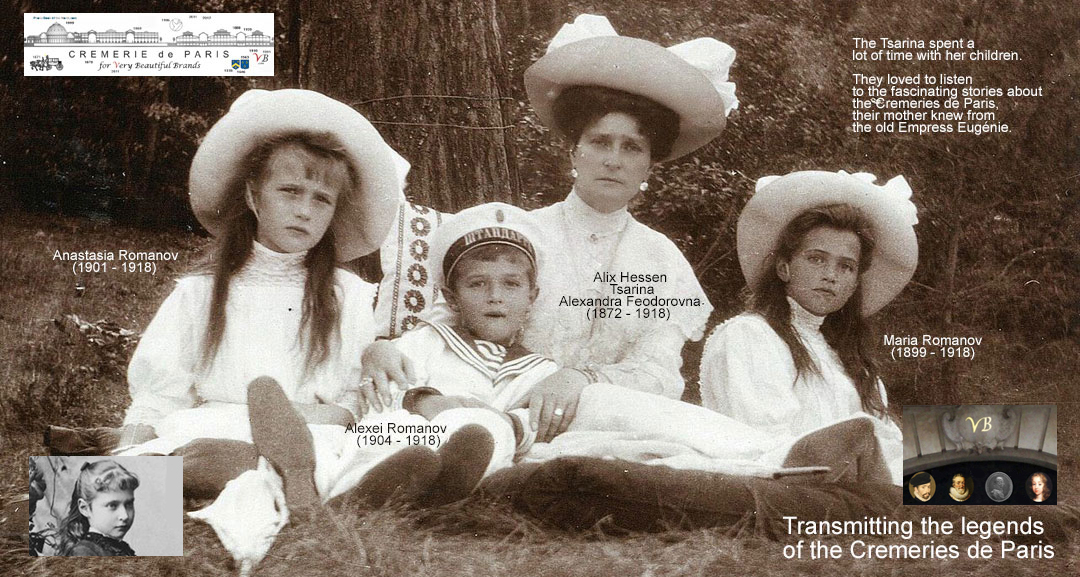 Alexei Romanov and his sisters Anastasia and Maria listening to the magical stories from France Romanov children with their mother